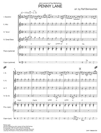 Penny Lane For Recorder Quartet