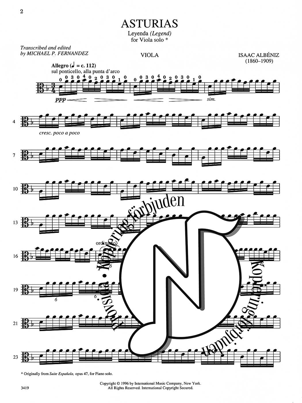 Albéniz: Asturias from Suite Española, Opus 47 for Viola Solo