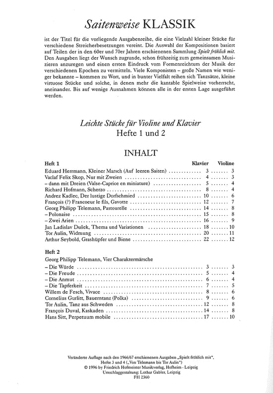 Saitenweise Klassik: Leichte Stücke für Violine und Klavier 1