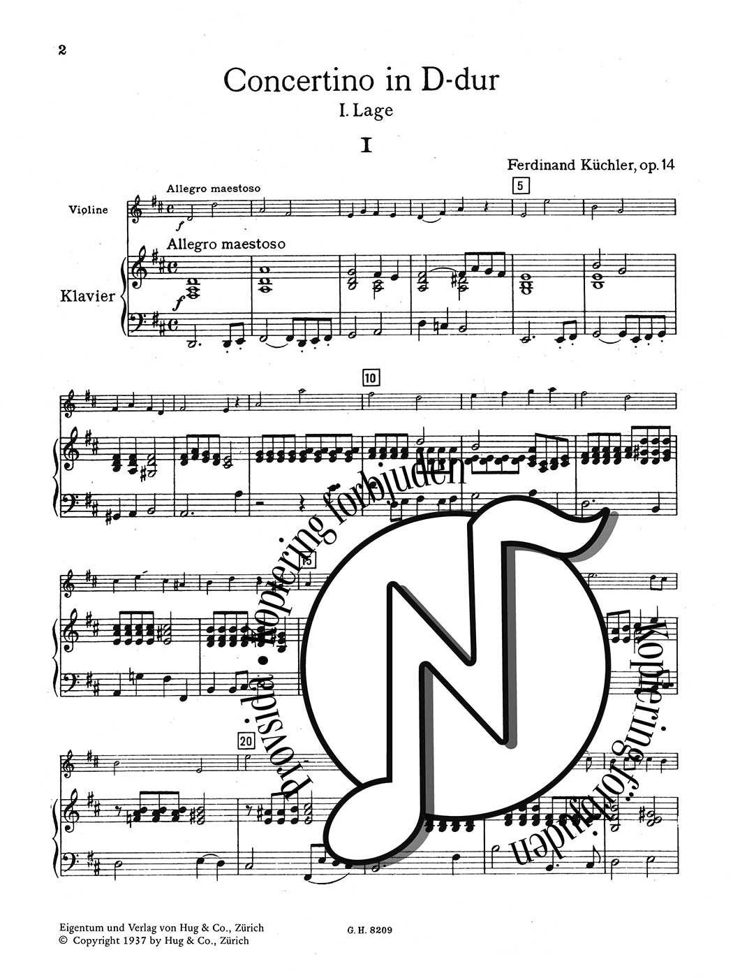 Ferdinand Küchler Concertino D-dur op. 14 für Violine und Klavier (1. Lage)