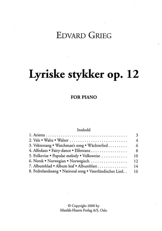 Edvard Grieg: Lyriske Stykker op.12 (Piano)