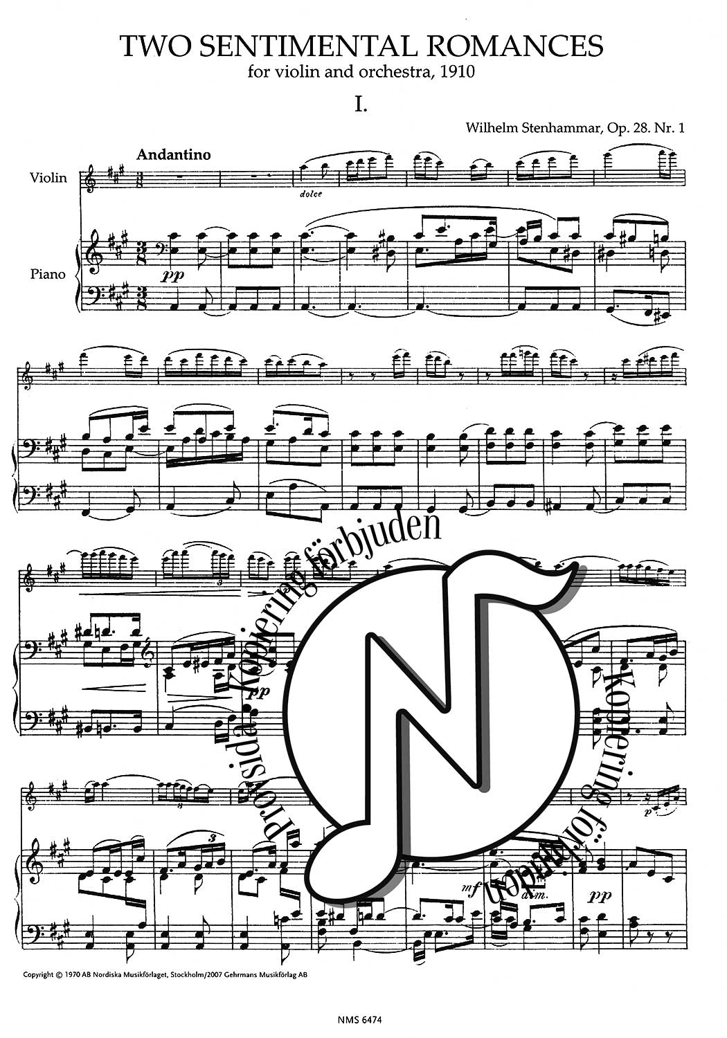 Wilhelm Stenhammar: Two Sentimental Romances Op. 28 No 1 A Major/No 2 F Minor (Violin and Piano)